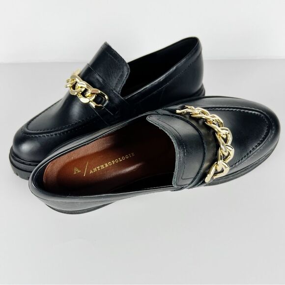 Anthropologie Black Leather Lug Sole Platform Loafers With Gold Chain Size 6 - Picture 10 of 10